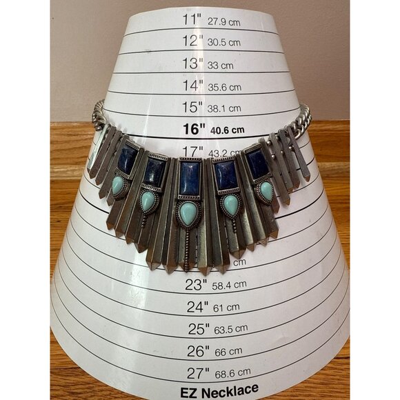 Chunky Silver-Tone Chain Necklace With Blue & Turquoise Geometric Accents - Picture 2 of 4